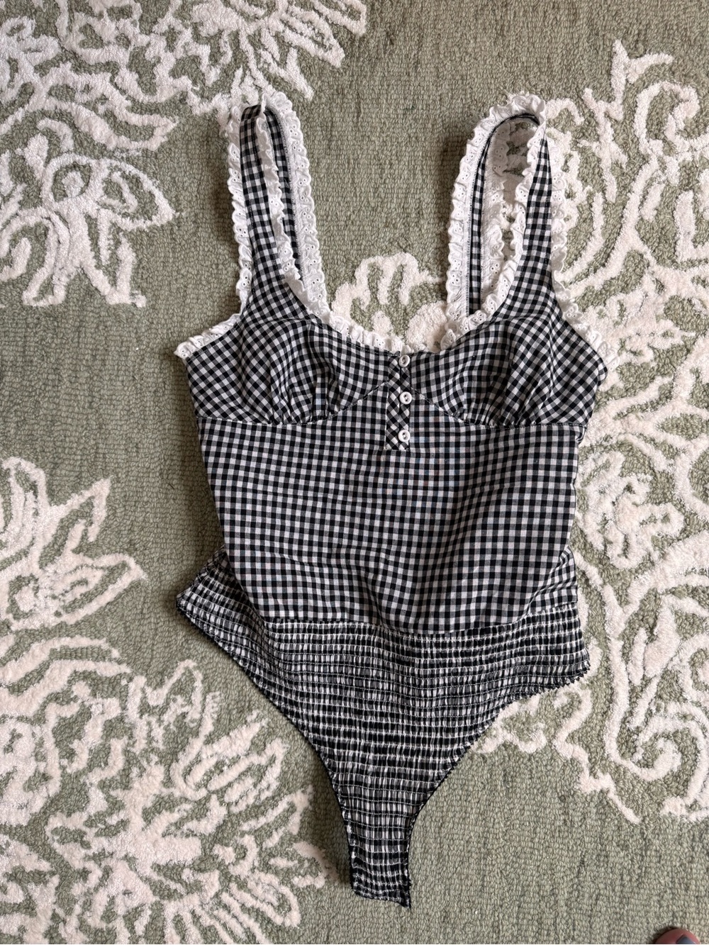 Free People Black and White Gingham Lace-Trim Bodysuit
